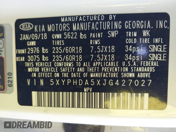 2018 Kia Sorento EX with VIN 5XYPHDA5XJG427027, listed as a IAAI auction lot 41609060 with 191,341 mi miles and . Bid and sale history available at DreamBid. Image 9.