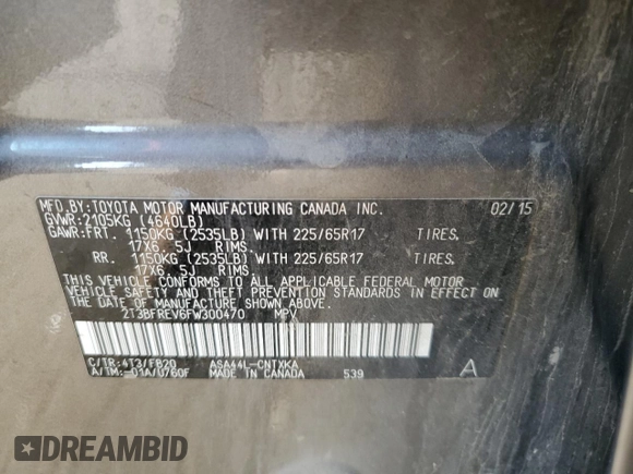 2015 Toyota RAV4 LE z VIN 2T3BFREV6FW300470, wystawiony jako Copart lot #58088395 z przebiegiem Nie podano mil oraz Szkoda całkowita • Salvage title. Historia ofert i sprzedaży dostępna na DreamBid. Obrazek 13.