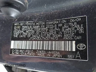2010 Toyota Prius II with VIN JTDKN3DU7A0019672, listed as a IAAI auction lot 42160115 with 216,368 mi miles. Bid and sale history available at carsss.com. Image 9.