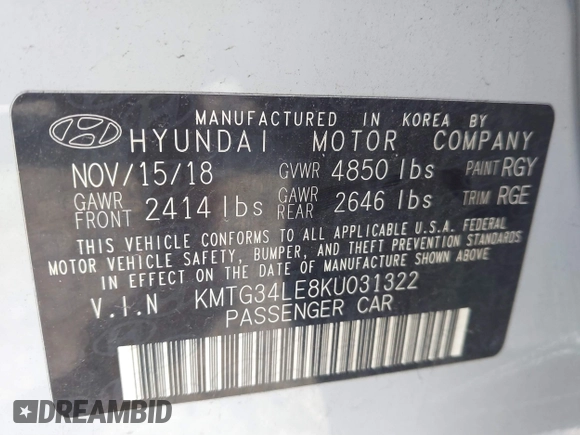 2019 Genesis G70 Dynamic with VIN KMTG34LE8KU031322, listed as a IAAI auction lot 41636994 with 55,325 mi miles and . Bid and sale history available at DreamBid. Image 9.