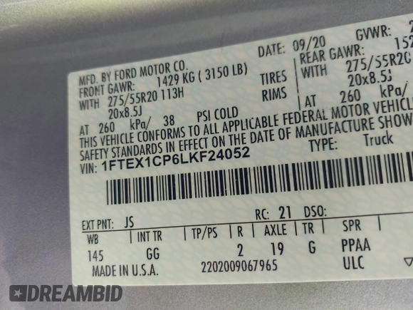 2020 Ford F-150 XL with VIN 1FTEX1CP6LKF24052, listed as a IAAI auction lot 41732807 with 30,917 mi miles and . Bid and sale history available at DreamBid. Image 9.