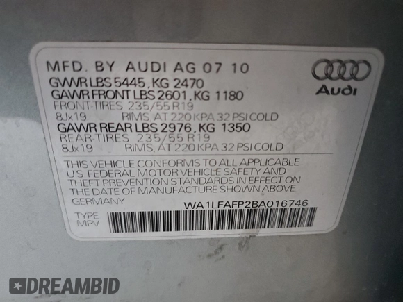 2011 Audi Q5 Premium Plus with VIN WA1LFAFP2BA016746, listed as a Copart auction lot 62543795 with 147,161 mi miles and Salvage title. Bid and sale history available at DreamBid. Image 13.