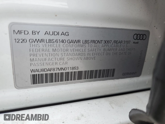 2021 Audi A8 with VIN WAU8DAF87MN011853, listed as a Copart auction lot 47758395 with 63,217 mi miles and Salvage Title. Bid and sale history available at carsss.com. Image 15.