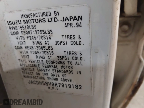 1994 Isuzu Trooper z VIN JACDH58V9R7919182, wystawiony jako IAAI lot #42333093 z przebiegiem 192 819 mil mil oraz . Historia ofert i sprzedaży dostępna na DreamBid. Obrazek 9.