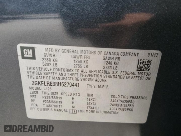 2017 GMC Terrain Denali with VIN 2GKFLRE38H6279441, listed as a Copart auction lot 59109425 with 215,537 mi miles and Salvage title. Bid and sale history available at DreamBid. Image 13.