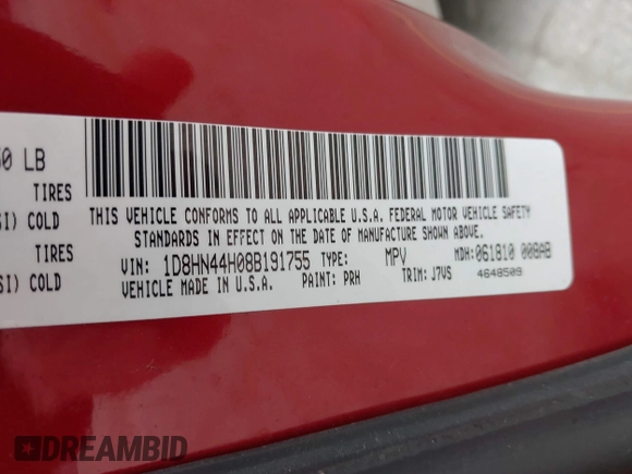 2008 Dodge Grand Caravan SE with VIN 1D8HN44H08B191755, listed as a IAAI auction lot 41895632 with 99,475 mi miles and . Bid and sale history available at DreamBid. Image 9.