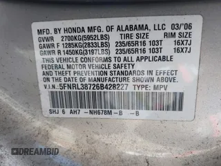 2006 Honda Odyssey EX-L z VIN 5FNRL38726B428227, wystawiony jako IAAI lot #42381464 z przebiegiem 156 623 mil mil oraz . Historia ofert i sprzedaży dostępna na DreamBid. Obrazek 9.