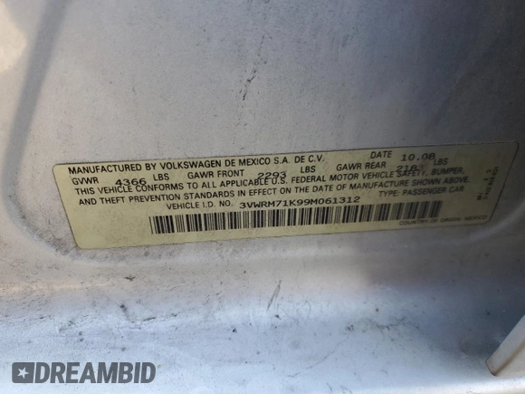 2009 Volkswagen Jetta SE с VIN 3VWRM71K99M061312, выставлен на аукционе Copart как лот 42747695 с пробегом 189 183 миль миль и Списание • Salvage title. История ставок и продаж доступна на DreamBid. Изображение 12.