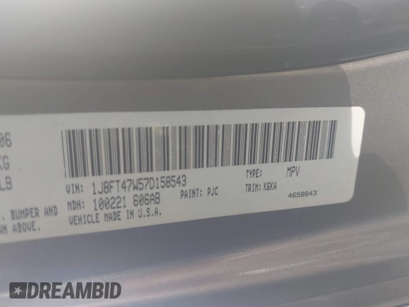 2007 Jeep Compass Sport with VIN 1J8FT47W57D158543, listed as a IAAI auction lot 41817636 with 241,439 mi miles. Bid and sale history available at carsss.com. Image 9.