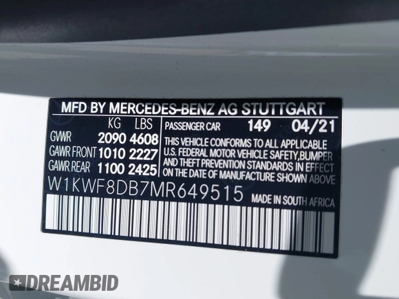 2021 Mercedes-Benz C 300 with VIN W1KWF8DB7MR649515, listed as a IAAI auction lot 42542308 with 22,136 mi miles and . Bid and sale history available at DreamBid. Image 9.