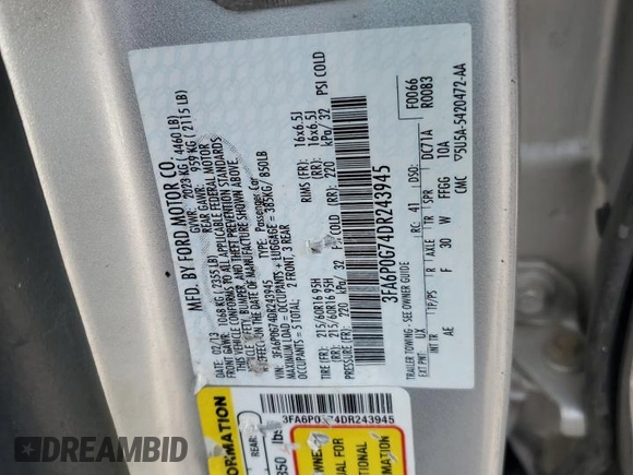 2013 Ford Fusion S with VIN 3FA6P0G74DR243945, listed as a Copart auction lot 54589915 with 0 mi miles and Non Repairable. Bid and sale history available at carsss.com. Image 12.