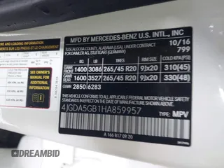 2017 Mercedes-Benz GLE 400 with VIN 4JGDA5GB1HA859957, listed as a IAAI auction lot 41946521 with 88,696 mi miles and . Bid and sale history available at DreamBid. Image 9.