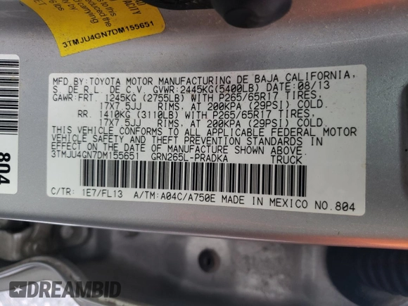 2013 Toyota Tacoma PreRunner z VIN 3TMJU4GN7DM155651, wystawiony jako Copart lot #47528115 z przebiegiem 195 328 mil mil oraz Szkoda całkowita • Salvage title. Historia ofert i sprzedaży dostępna na DreamBid. Obrazek 12.