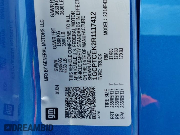 2024 Chevrolet Colorado 4WD LT with VIN 1GCPTCEK2R1117412, listed as a Copart auction lot 54410665 with Not provided miles and Non repairable. Bid and sale history available at DreamBid. Image 13.