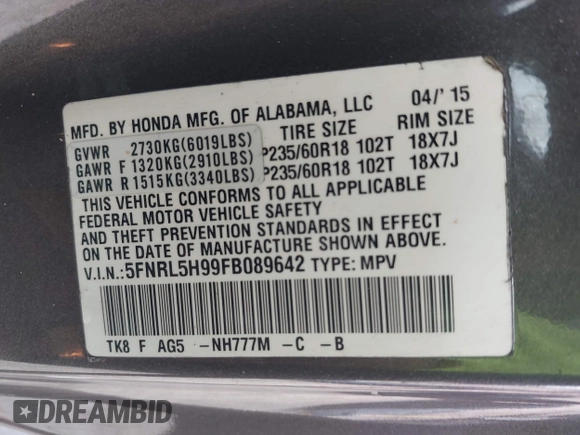 2015 Honda Odyssey Touring Elite with VIN 5FNRL5H99FB089642, listed as a IAAI auction lot 42591786 with 100,755 mi miles and . Bid and sale history available at DreamBid. Image 9.