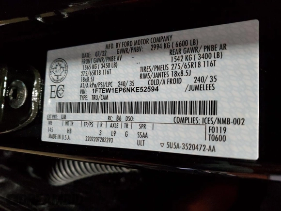 2022 Ford F-150 XL with VIN 1FTEW1EP6NKE52594, listed as a Copart auction lot 43848325 with 57,040 mi miles and Salvage Title. Bid and sale history available at DreamBid. Image 12.