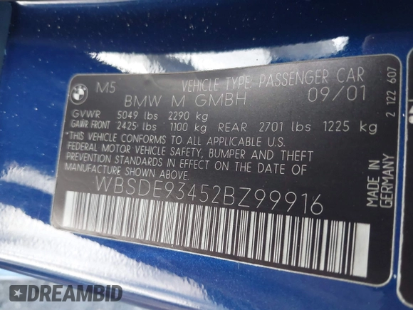 2002 BMW M5 z VIN WBSDE93452BZ99916, wystawiony jako IAAI lot #42346645 z przebiegiem 90 876 mil mil oraz . Historia ofert i sprzedaży dostępna na DreamBid. Obrazek 9.