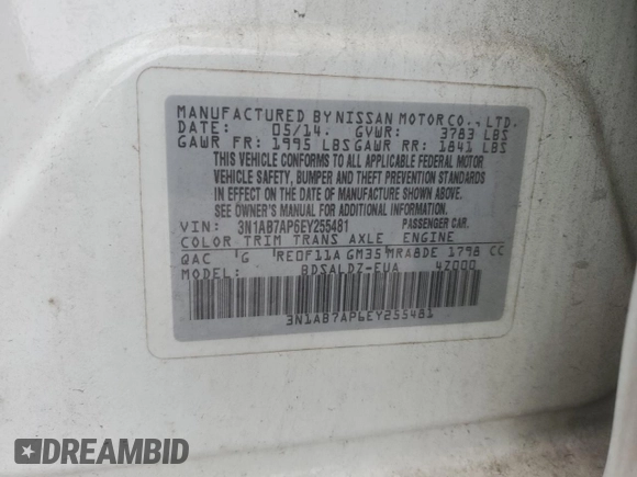 2014 Nissan Sentra SV with VIN 3N1AB7AP6EY255481, listed as a Copart auction lot 89181725 with 206,869 mi miles and Salvage Title. Bid and sale history available at DreamBid. Image 14.