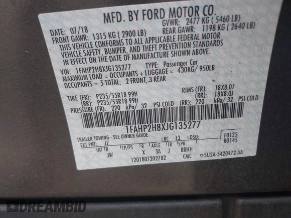 2018 Ford Taurus SEL with VIN 1FAHP2H8XJG135277, listed as a IAAI auction lot 42606524 with 27,103 mi miles and . Bid and sale history available at DreamBid. Image 9.
