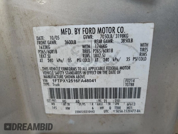 2006 Ford F-150 XLT with VIN 1FTPX12516FA48041, listed as a Copart auction lot 60739995 with 241,248 mi miles and Salvage title. Bid and sale history available at DreamBid. Image 12.