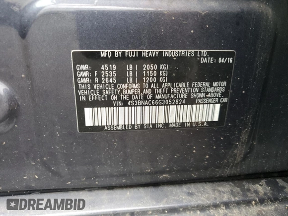 2016 Subaru Legacy Premium with VIN 4S3BNAC66G3052824, listed as a Copart auction lot 56033345 with 121,726 mi miles and Salvage title. Bid and sale history available at DreamBid. Image 12.
