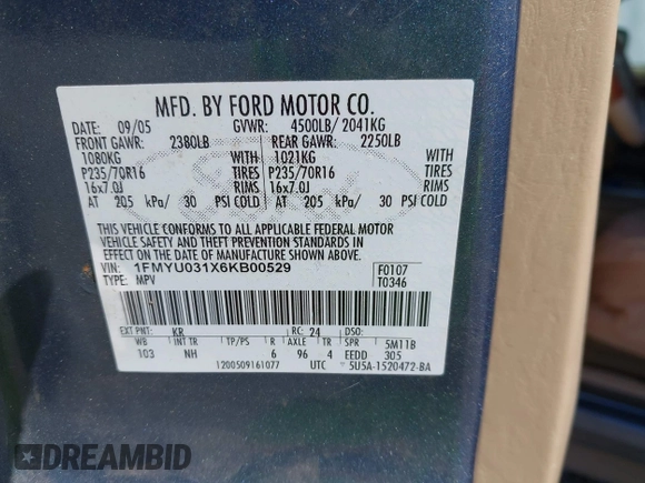 2006 Ford Escape XLT with VIN 1FMYU031X6KB00529, listed as a IAAI auction lot 42142206 with 125,462 mi miles and . Bid and sale history available at DreamBid. Image 9.