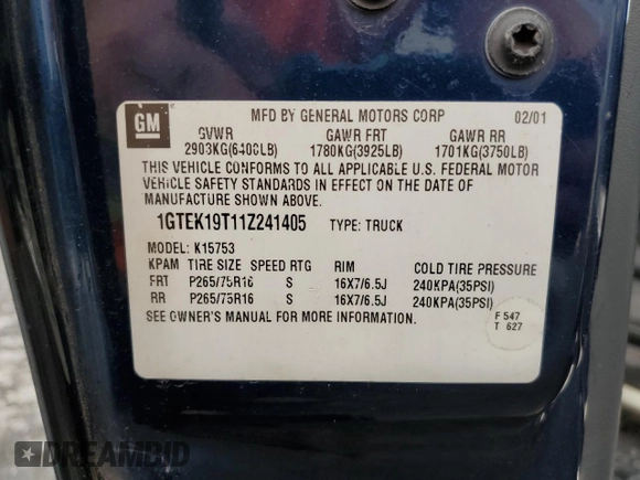 2001 GMC Sierra 1500 SLE z VIN 1GTEK19T11Z241405, wystawiony jako Copart lot #67396344 z przebiegiem 136 051 mil mil oraz Szkoda całkowita • Salvage title. Historia ofert i sprzedaży dostępna na DreamBid. Obrazek 12.