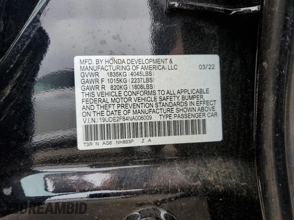 2022 Acura ILX Premium with VIN 19UDE2F84NA006009, listed as a Copart auction lot 58560215 with 57,539 mi miles and Salvage title. Bid and sale history available at DreamBid. Image 12.