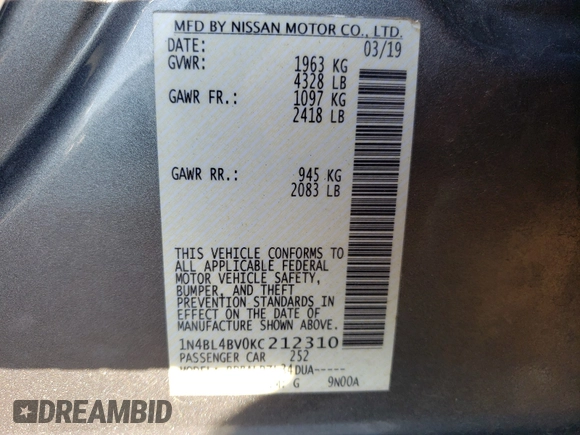 2019 Nissan Altima 2.5 S with VIN 1N4BL4BV0KC212310, listed as a Copart auction lot 57659390 with 39,289 mi miles and Salvage Title. Bid and sale history available at carsss.com. Image 10.