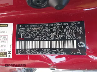 2010 Lexus IS 250 C z VIN JTHFF2C26A2511427, wystawiony jako IAAI lot #42249468 z przebiegiem 117 787 mil mil oraz . Historia ofert i sprzedaży dostępna na DreamBid. Obrazek 9.