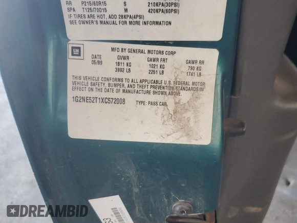 1999 Pontiac Grand Am SE with VIN 1G2NE52T1XC572008, listed as a Copart auction lot 61776375 with Not provided miles and Clean title. Bid and sale history available at DreamBid. Image 12.