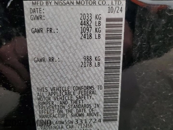 2025 Nissan Altima SV with VIN 1N4BL4DW5SN331724, listed as a Copart auction lot 45420375 with 13,707 mi miles and Salvage Title. Bid and sale history available at DreamBid. Image 13.