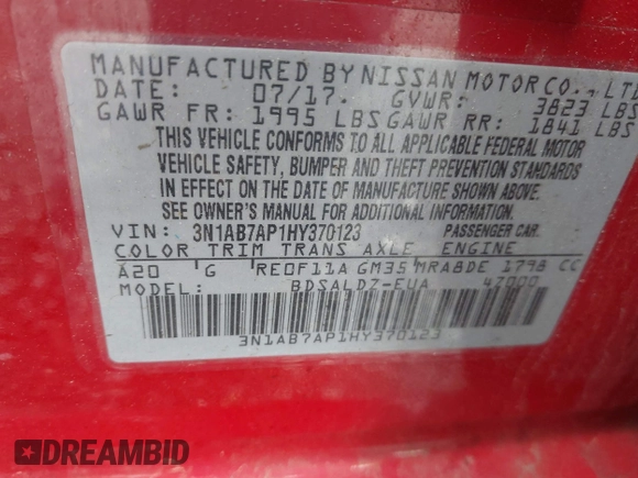 2017 Nissan Sentra SR with VIN 3N1AB7AP1HY370123, listed as a IAAI auction lot 42340347 with 65,858 mi miles and . Bid and sale history available at DreamBid. Image 9.