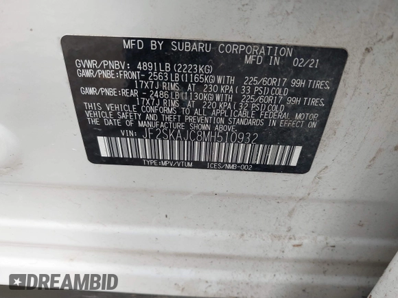 2021 Subaru Forester Premium with VIN JF2SKAJC8MH510932, listed as a IAAI auction lot 38412558 with 57,763 mi miles and . Bid and sale history available at DreamBid. Image 9.
