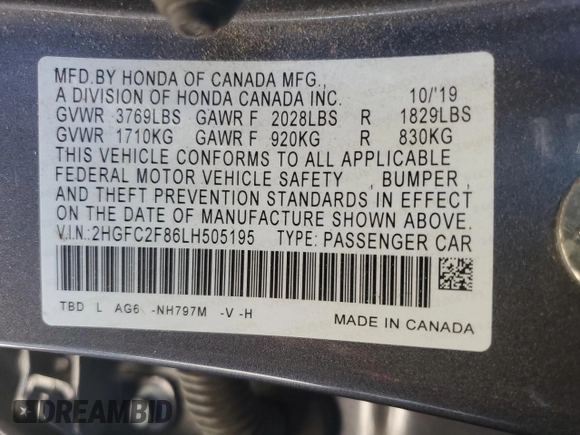 2020 Honda Civic Sedan Sport with VIN 2HGFC2F86LH505195, listed as a Copart auction lot 48663225 with 104,499 mi miles and Salvage Title. Bid and sale history available at carsss.com. Image 14.