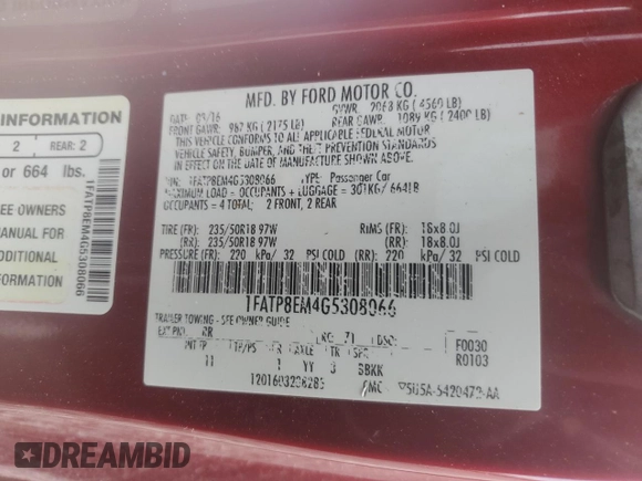 2016 Ford Mustang V6 with VIN 1FATP8EM4G5308066, listed as a Copart auction lot 57511745 with 164,409 mi miles and Salvage title. Bid and sale history available at DreamBid. Image 12.