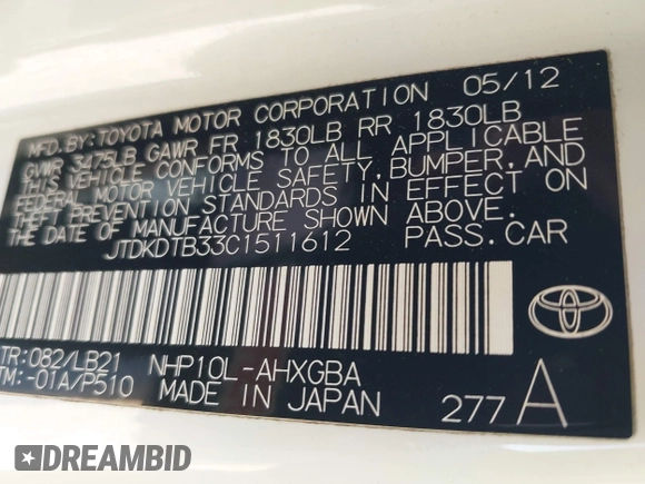 2012 Toyota Prius c One with VIN JTDKDTB33C1511612, listed as a IAAI auction lot 42027076 with 134,618 mi miles. Bid and sale history available at carsss.com. Image 9.