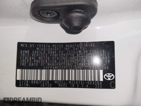 2023 Toyota Corolla SE with VIN 5YFP4MCE0PP151910, listed as a IAAI auction lot 41732551 with 27,525 mi miles and . Bid and sale history available at DreamBid. Image 9.