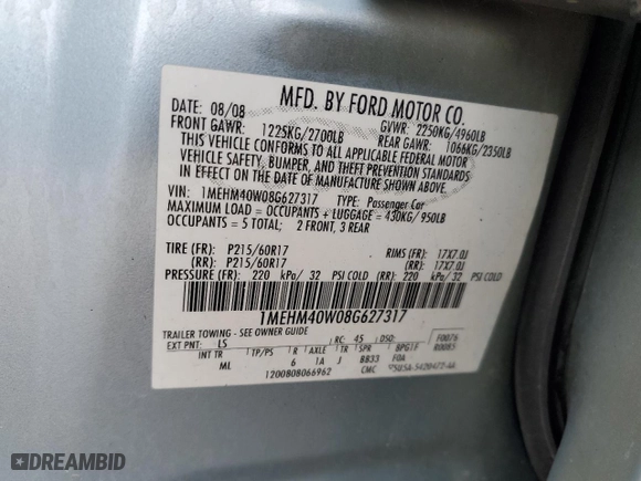 2008 Mercury Sable with VIN 1MEHM40W08G627317, listed as a Copart auction lot 45361995 with 194,506 mi miles and Salvage Title. Bid and sale history available at carsss.com. Image 14.