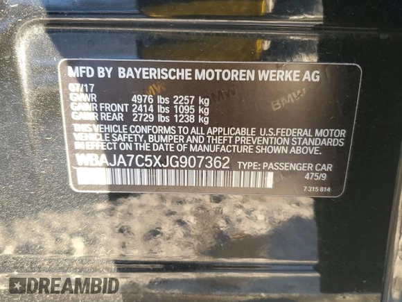 2018 BMW 5 Series 530i xDrive with VIN WBAJA7C5XJG907362, listed as a Copart auction lot 86715344 with 117,665 mi miles and Salvage title. Bid and sale history available at DreamBid. Image 12.