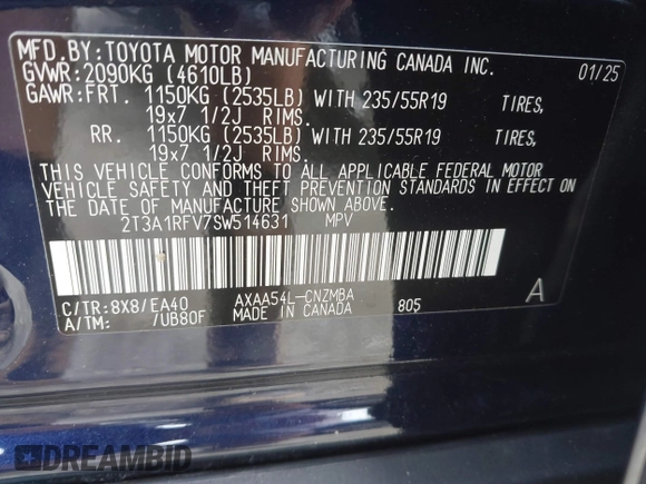 2025 Toyota RAV4 XLE Premium z VIN 2T3A1RFV7SW514631, wystawiony jako IAAI lot #42247225 z przebiegiem 4 815 mil mil oraz . Historia ofert i sprzedaży dostępna na DreamBid. Obrazek 9.