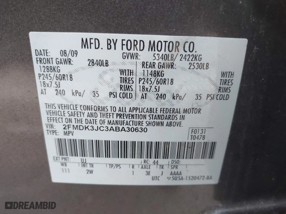 2010 Ford Edge SEL with VIN 2FMDK3JC3ABA30630, listed as a IAAI auction lot 42048915 with 188,602 mi miles. Bid and sale history available at carsss.com. Image 9.