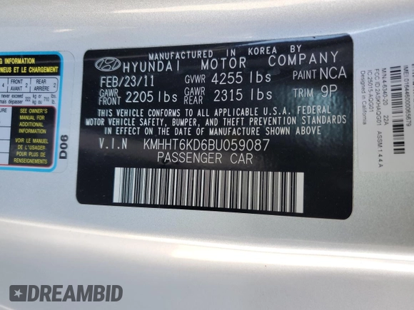2011 Hyundai Genesis Coupe with VIN KMHHT6KD6BU059087, listed as a Copart auction lot 57665315 with 122,763 mi miles and Salvage title. Bid and sale history available at DreamBid. Image 13.