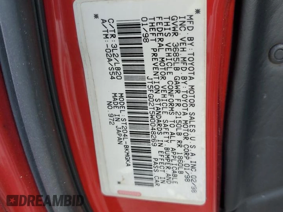 1998 Toyota Celica GT z VIN JT5FG02T5W0048269, wystawiony jako Copart lot #76887854 z przebiegiem 147 694 mil mil oraz Szkoda całkowita • Salvage title. Historia ofert i sprzedaży dostępna na DreamBid. Obrazek 12.