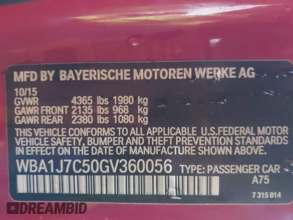 2016 BMW 2 Series M235i with VIN WBA1J7C50GV360056, listed as a IAAI auction lot 41560487 with 120,208 mi miles and . Bid and sale history available at carsss.com. Image 9.