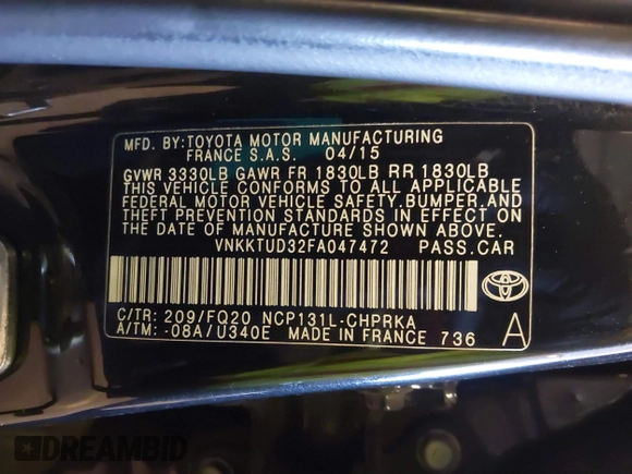 2015 Toyota Yaris L with VIN VNKKTUD32FA047472, listed as a IAAI auction lot 41674754 with 139,683 mi miles. Bid and sale history available at carsss.com. Image 9.