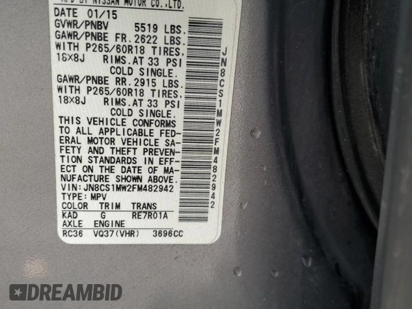 2015 Infiniti QX70 with VIN JN8CS1MW2FM482942, listed as a Copart auction lot 54245025 with 108,314 mi miles and Salvage Title. Bid and sale history available at DreamBid. Image 13.