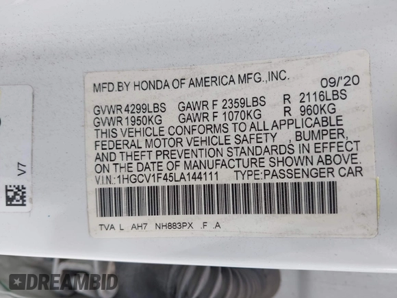 2020 Honda Accord EX with VIN 1HGCV1F45LA144111, listed as a IAAI auction lot 42359721 with 97,973 mi miles and . Bid and sale history available at DreamBid. Image 9.