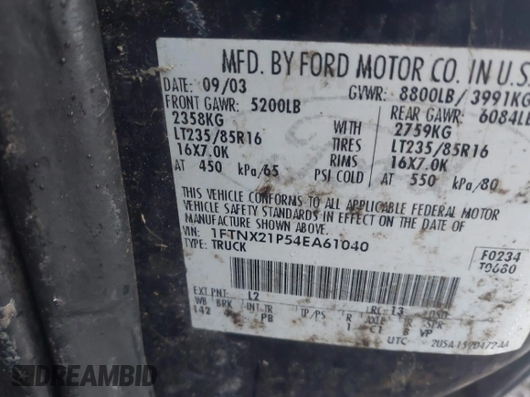 2004 Ford F-250 XL with VIN 1FTNX21P54EA61040, listed as a IAAI auction lot 41766458 with Not provided miles and . Bid and sale history available at DreamBid. Image 9.
