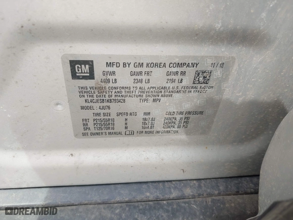 2019 Buick Encore Preferred with VIN KL4CJESB1KB793428, listed as a IAAI auction lot 42007299 with 162,110 mi miles. Bid and sale history available at carsss.com. Image 9.